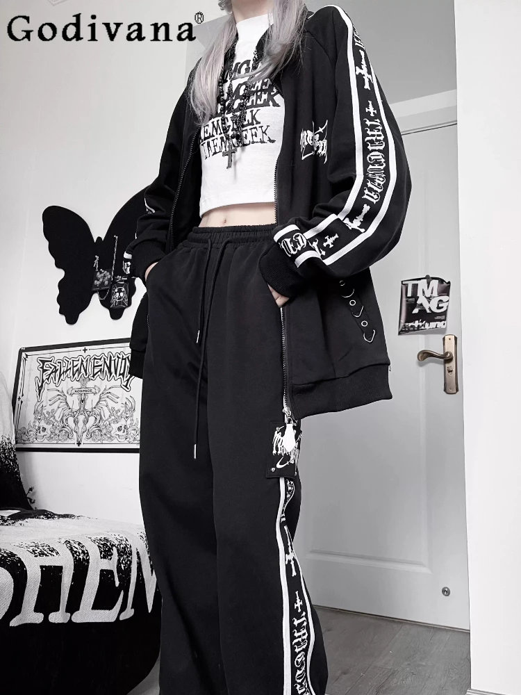 

Spring and Autumn Printed Subculture Loose Sportswear Y2K Tracksuit Women's Zipper Hoodie Jacket Coat and Pants Set Outfits