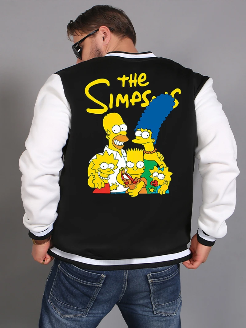 

The Simpsons Men's Baseball Jacket with The S Print Pattern and Text Men's Casual Color-blocked Baseball Jacket Jacket