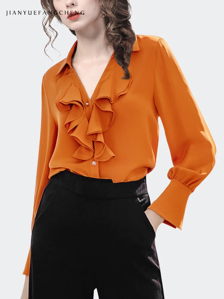 Loose Plus Size Women Long Sleeve V-Neck Orange Ruffle Blouse Spring Summer New Ladies Top Fashion Casual Office Female Shirts