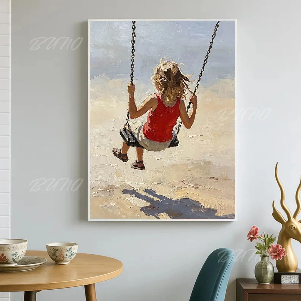 100% Handmade Abstract Oil Painting Original Little Girl Beach Swing Unframed Canvas Wall Art for Living Room Bedroom Decor