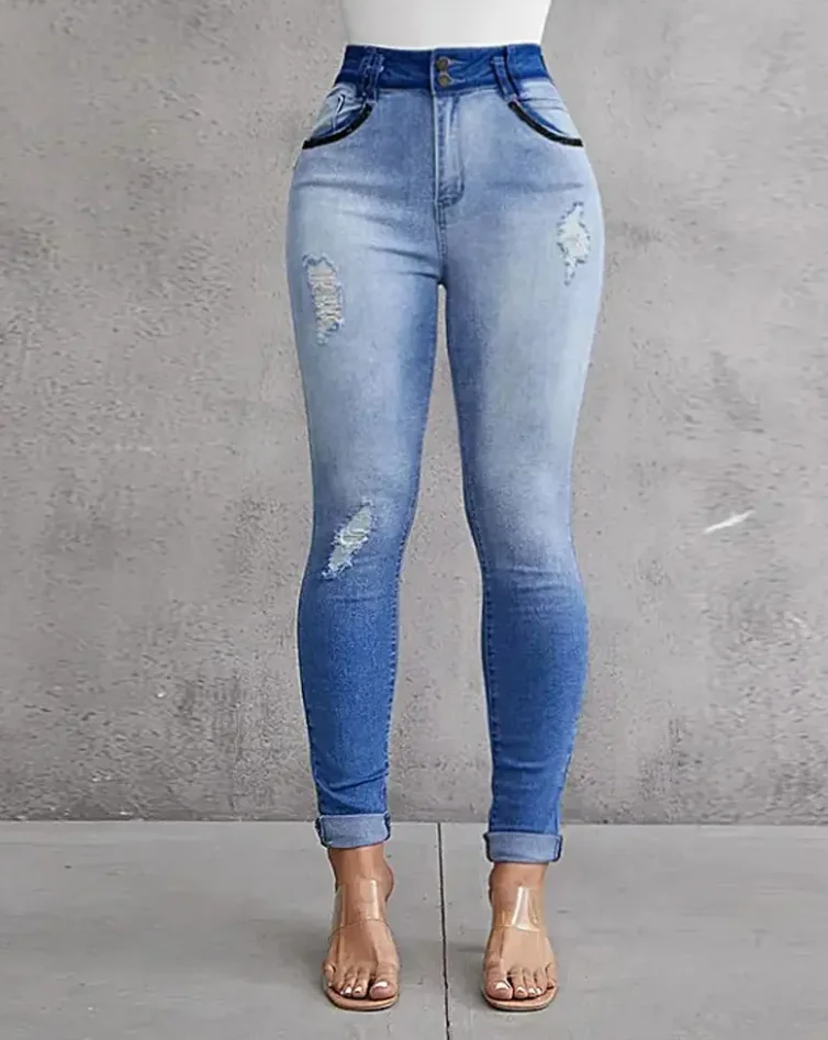 Jeans Woman High Waist 2022 Summer Trend Denim Zip Fly Ombre Ripped Skinny Pocket Button Daily Long Jeans