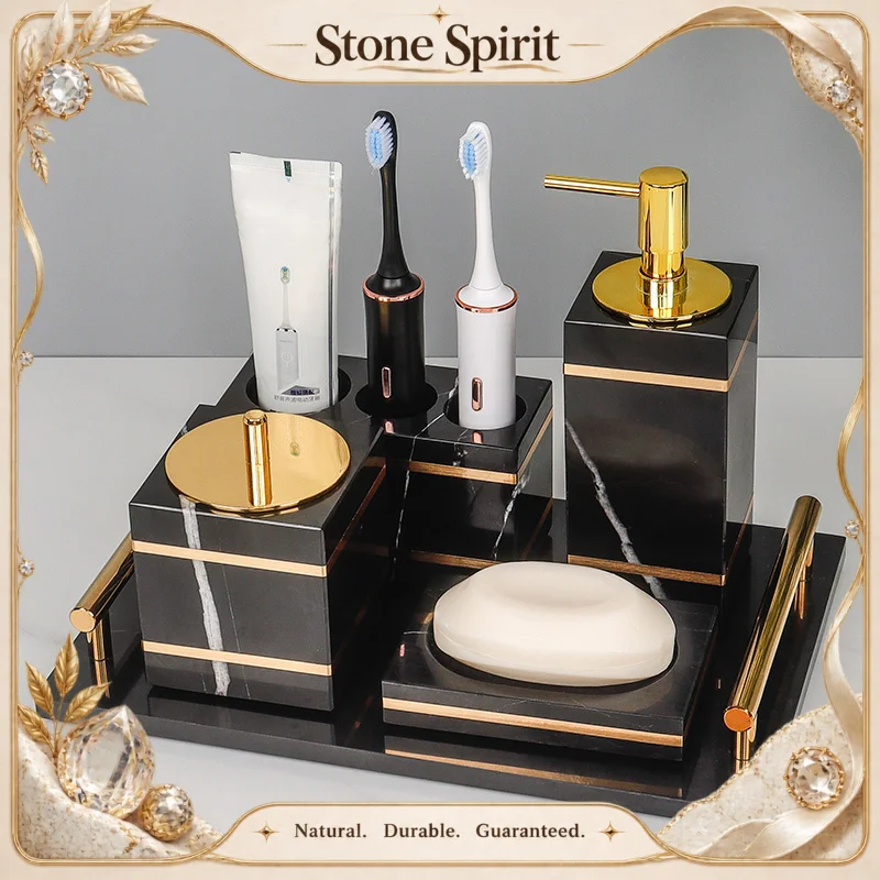 Black Nero Marquin Natural Marble Bathroom Accessories Luxury Gold Soap Dish Soap Dispenser Toothbrush Holder Tray Bathroom Set