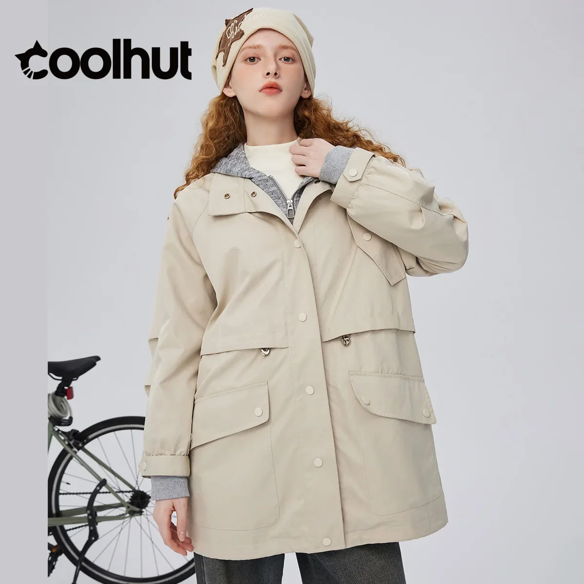 

COOLHUT женский плащ с капюшоном и длинными рукавами 2025, средней длины, свободная посадка, искусственная верхняя одежда из двух предметов, уличная куртка с контрастной вставкой