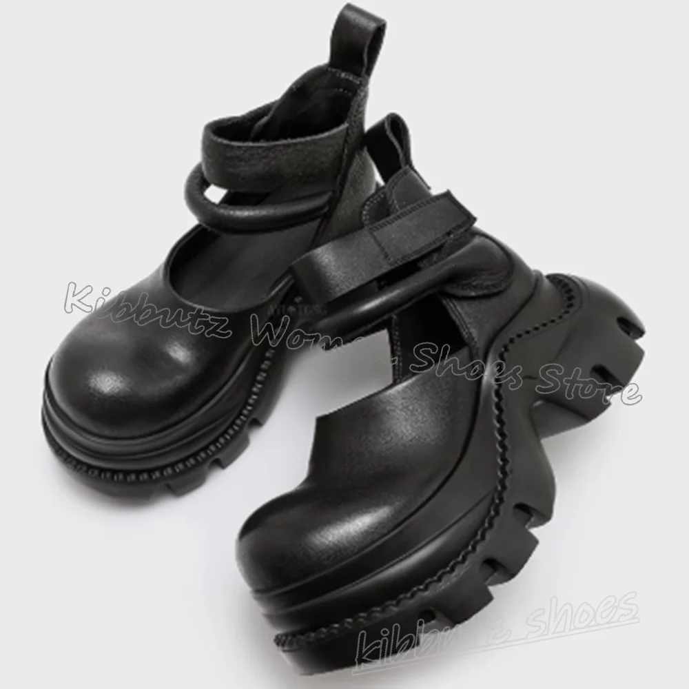 

Thick Bottom Sandals Round Belt Buckles Metal Toe Solid Color Leather Gothic Fashion Luxury Elegant Concise Sexy Women Shoes New