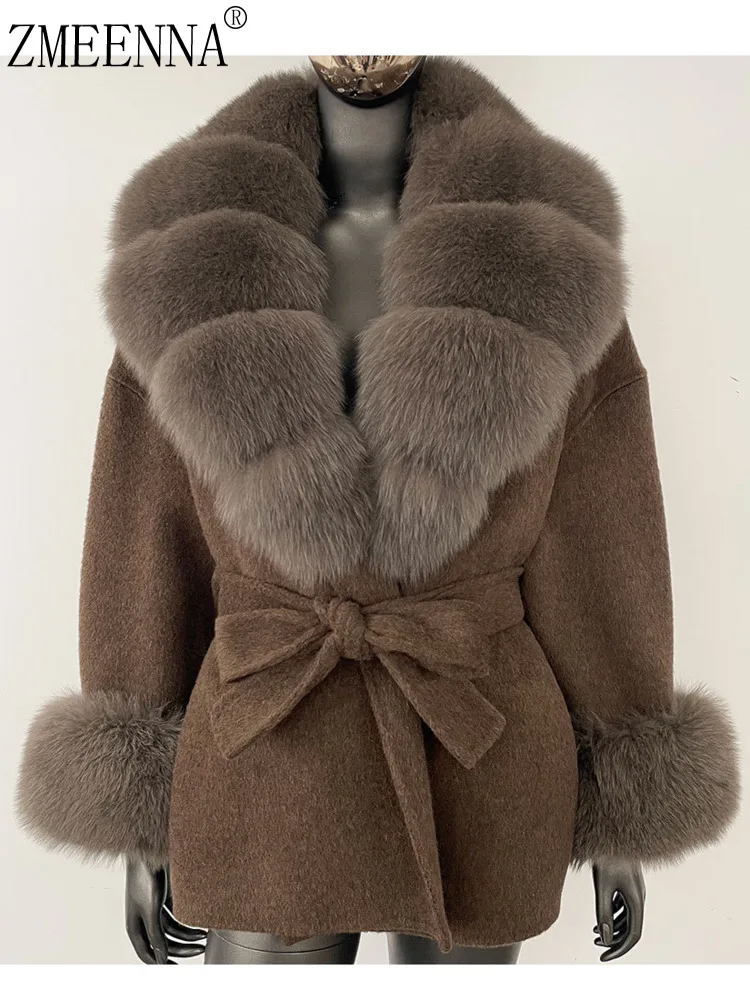 

ZMEENNA Luxurious Brown Faux Fur Collar Cuff Wrap Coat For Women Elegant Belted Winter Outerwear Perfect ZM3607