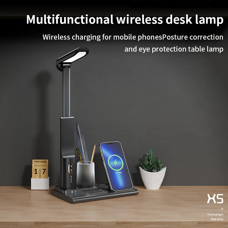 New 6 in 1 Wireless Charging LED Desk Lamp 15W Eye Protection Magnetic Table Lamp with Pen Holder for Child Study Holiday Gift