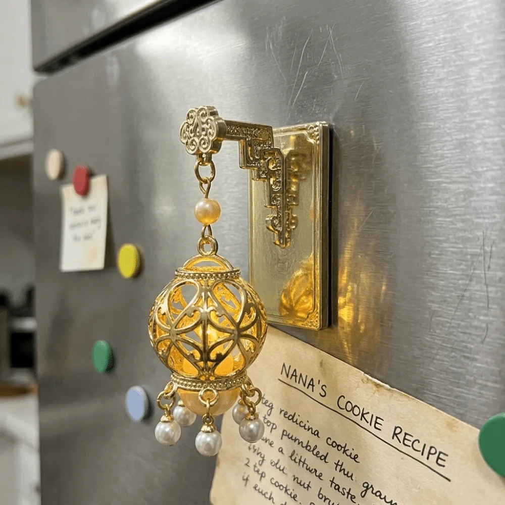 3D Glowing Lantern Fridge Magnet Openwork Design Retro Chinese Architecture Fridge Magnet LED Light with Faux Pearls