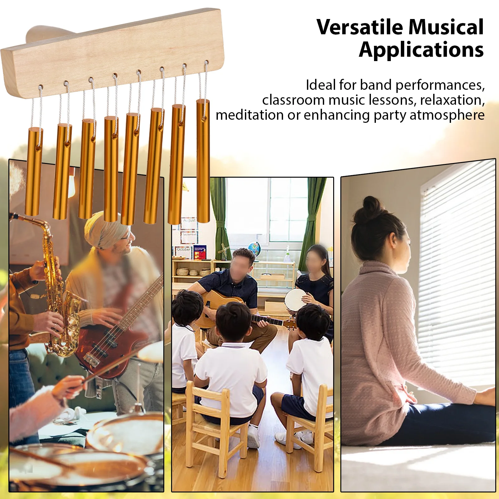 Bar Chimes 8 Tone Hand Bells with Knock Stick Birch Wood Solid Aluminum Tube Windchime Chimes Bells Hand Held Bar Bells