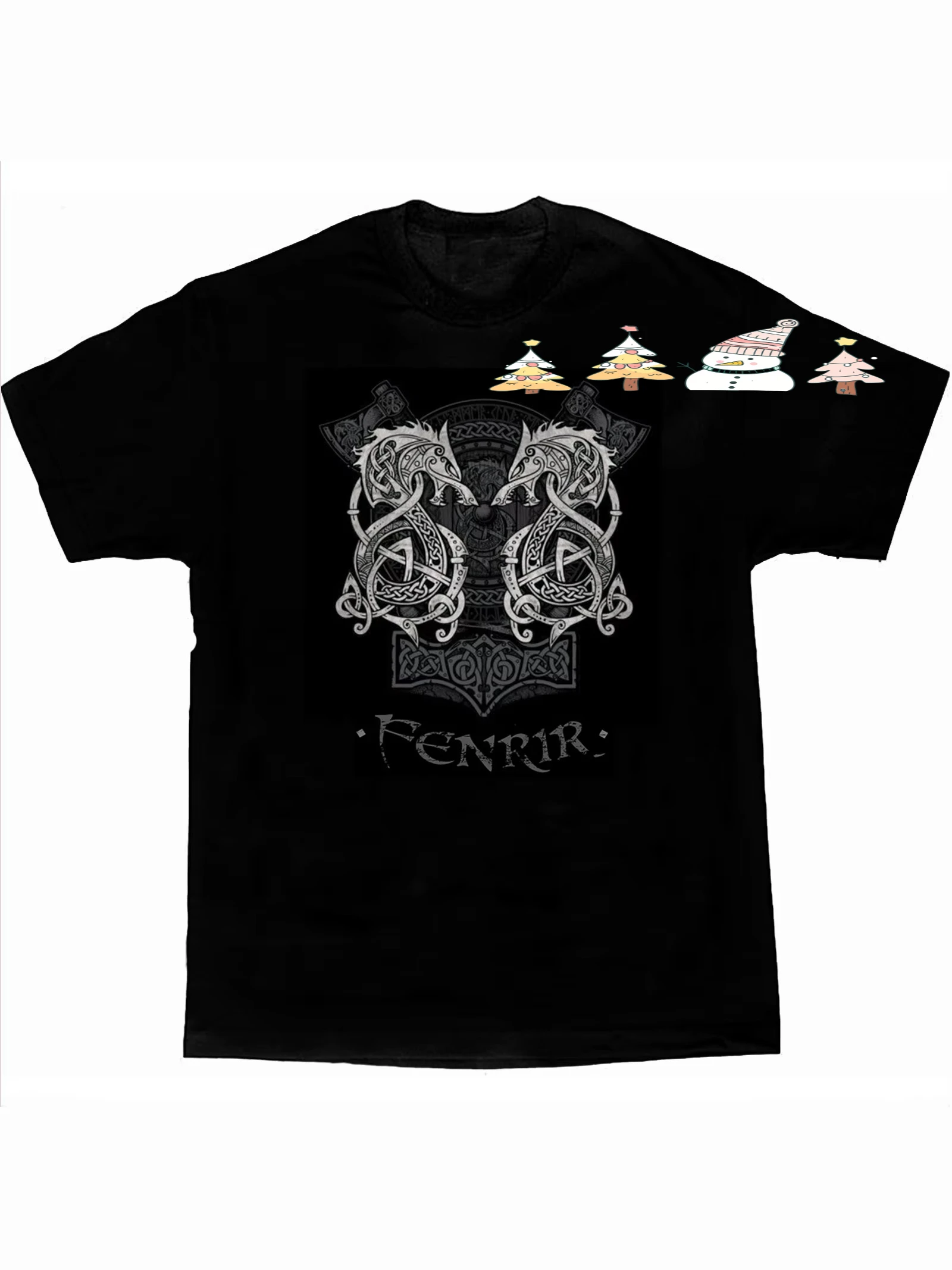Fenrir Wolf Thor Hammer Mjölnir Norse Mythology  Rune Tattoo T-Shirt 100% Cotton Short Sleeve O-Neck Casual Mens Tshirt