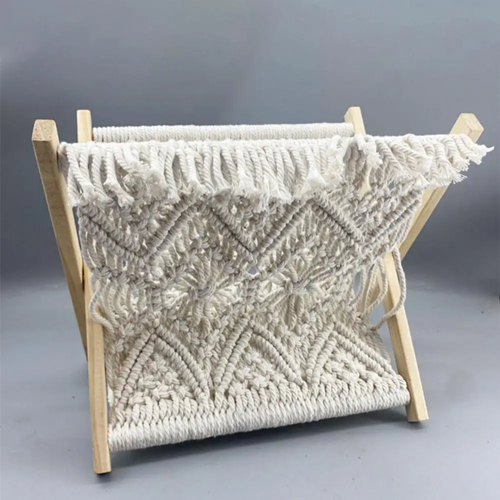 Book Rack Cotton Rope Magazine Stand Boho Magazine Rack Holder Standing Basket Storage Organizer with Wooden Stand for Home