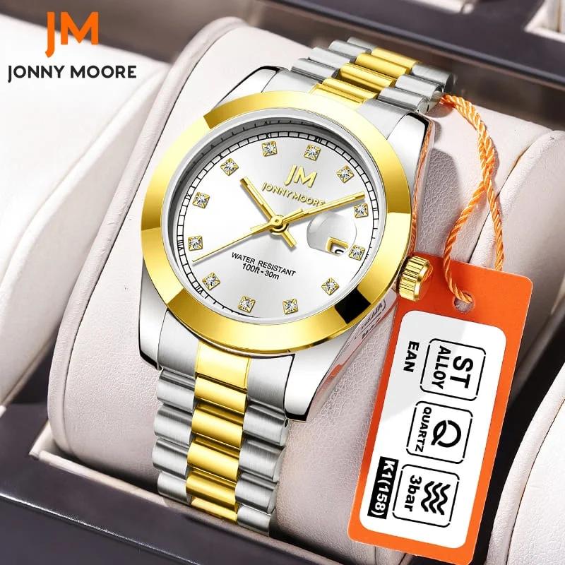 جوني مور K1039 ساعة كوارتز عصرية فاخرة بشريط فولاذي مرصعة بالألماس مقاومة للماء بتقويم ماسي للرجال Mujer