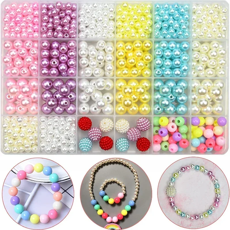 

24-cell Candy Color Straight Hole Imitation Pearl ABS Macaroon Beads DIY Necklace Beads Bracelet Kit