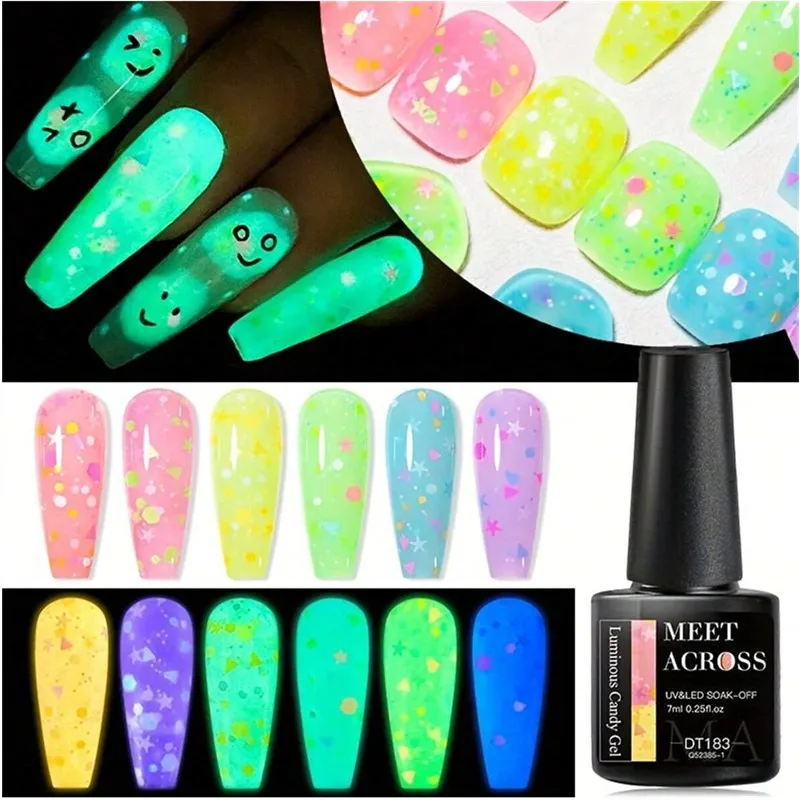 Glow In The Dark Candy Gel Nail Polish Macaron Luminous Sequins Glitter Semi Permanent Soak Off UV Gel Varnish Nail Supplies DIY
