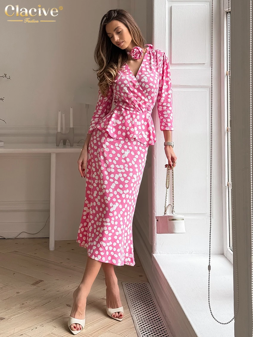 

Clacive Fashion Loose Print Woman 2 Piece Set Outfit Elegant Long Sleeve Shirt With High Waist Long Skirt Set Female Clothing