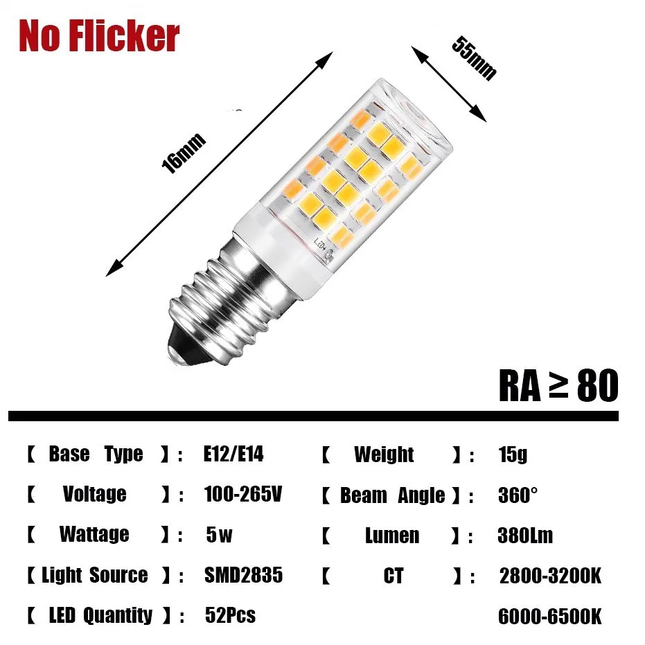 Imagem -05 - Lâmpada do Diodo Emissor de Luz da Cintilação E14 85 V265 v w 52 Leds Md2835 E12 Conduziu o Bulbo do Projetor Substitui a Luz do Halogênio 40 w para a Iluminação do Candelabro Peças Nenhuma