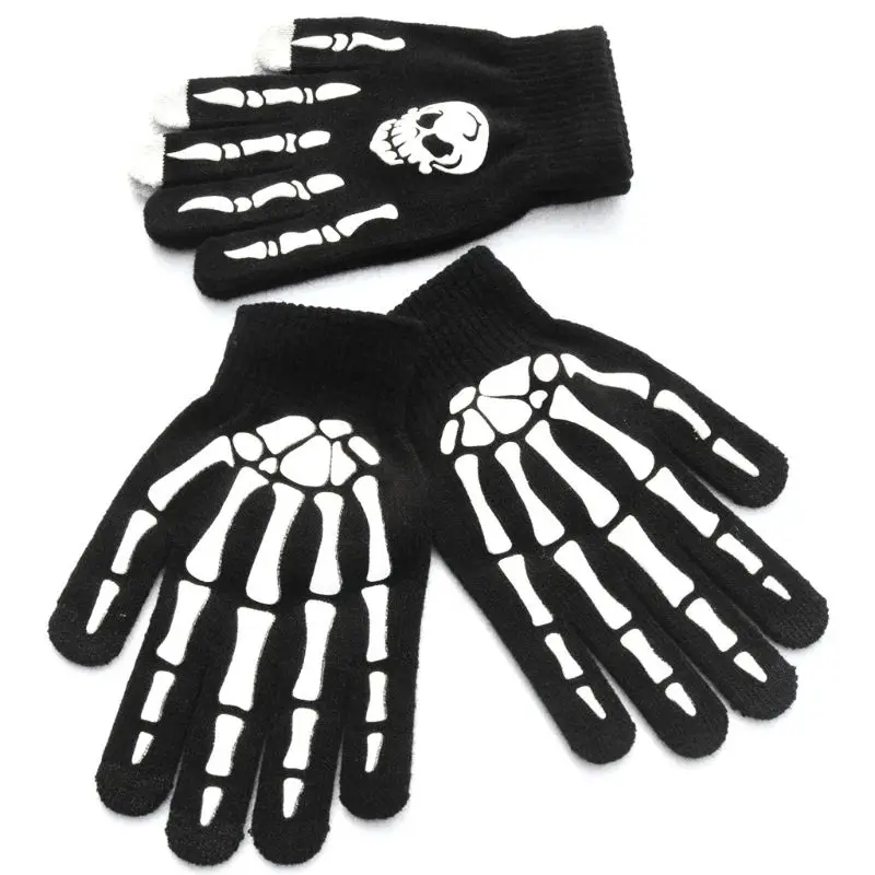 Guantes Punk Halloween con calavera y esqueleto para pantalla táctil, guantes punto elásticos para invierno, manoplas con