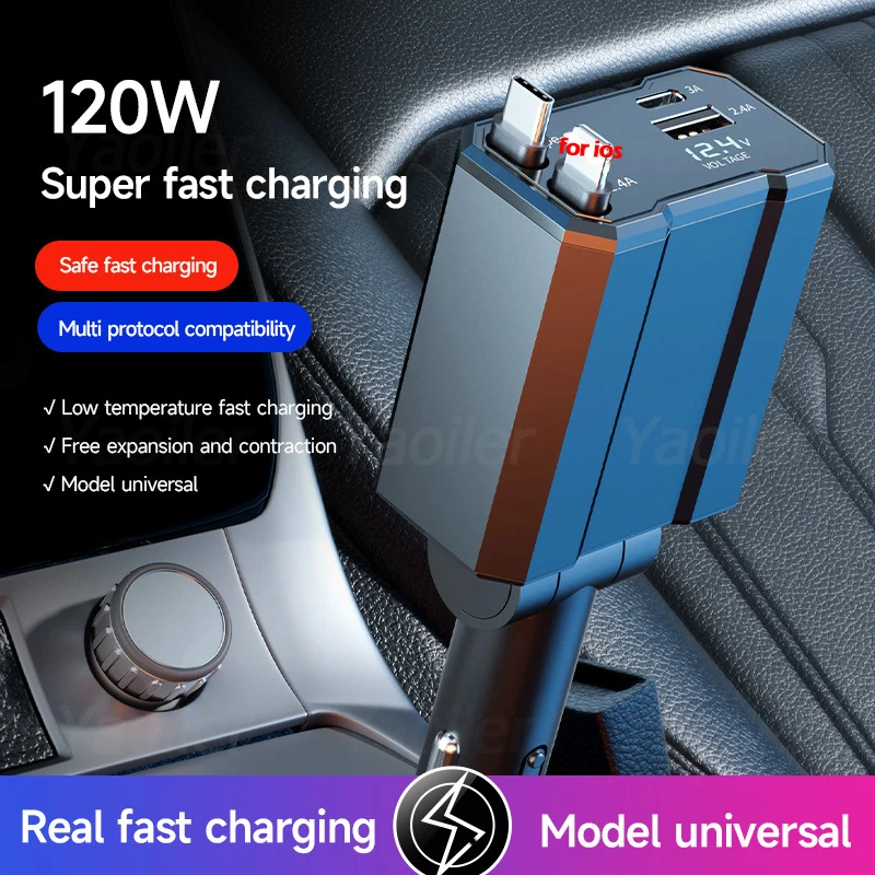 120W Retractable Car Charger 4 in 1 Super Fast Charge Car Phone Charger with 2 USB Ports Car Charger Adapter for iPhone Samsung