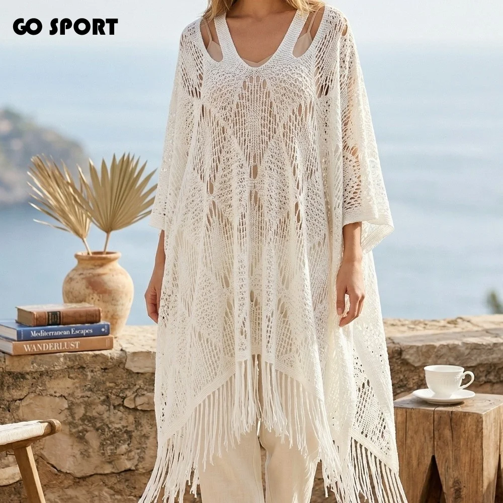 

Пляжный вязаный топ с кисточками в богемном стиле, свободный крой, большие размеры, для защиты от солнца, для отпуска