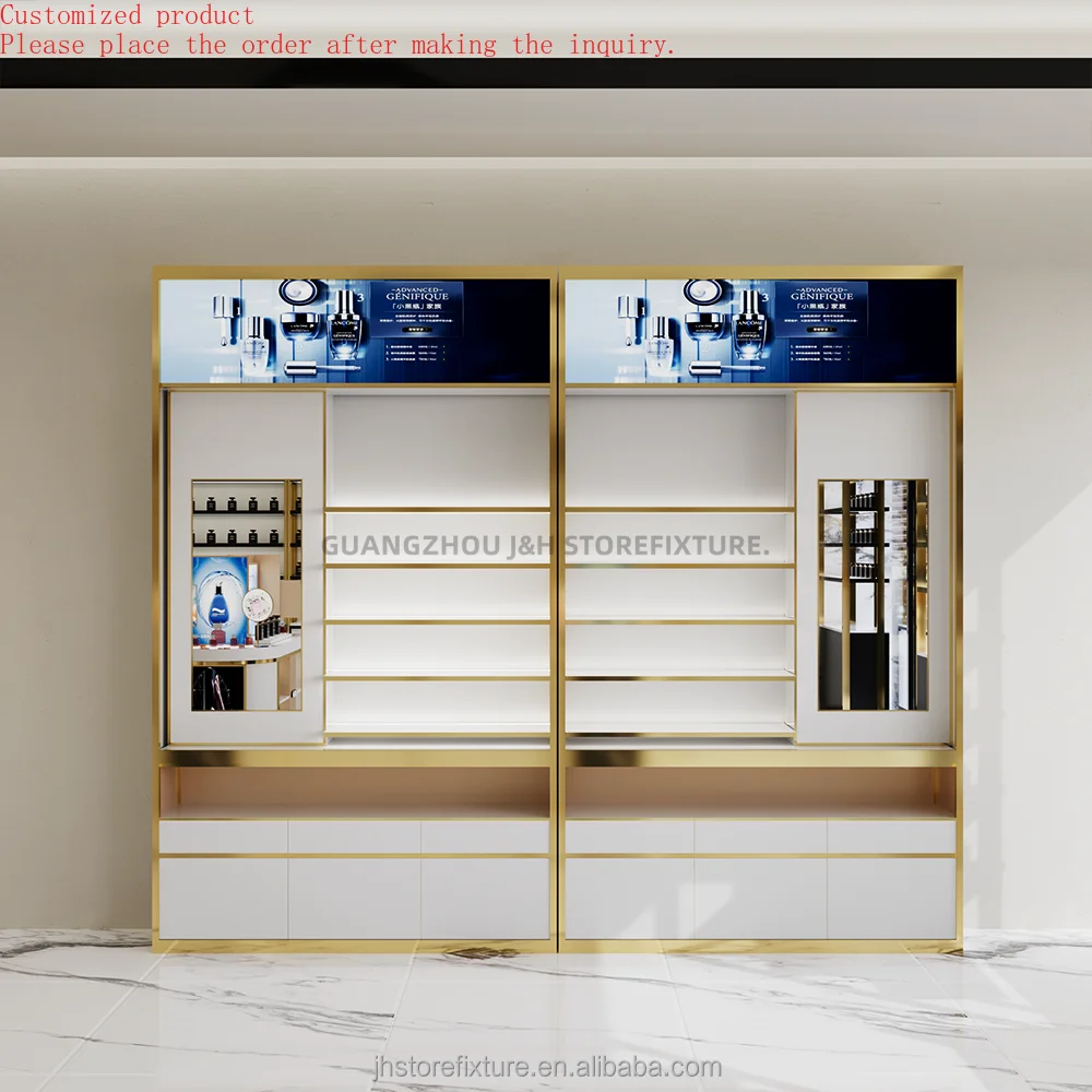

Custom.Custom .Custom.Wholesale Custom Golden Metal Display Shelf for Perfume Store Luxury Beauty Retail Store Decoration