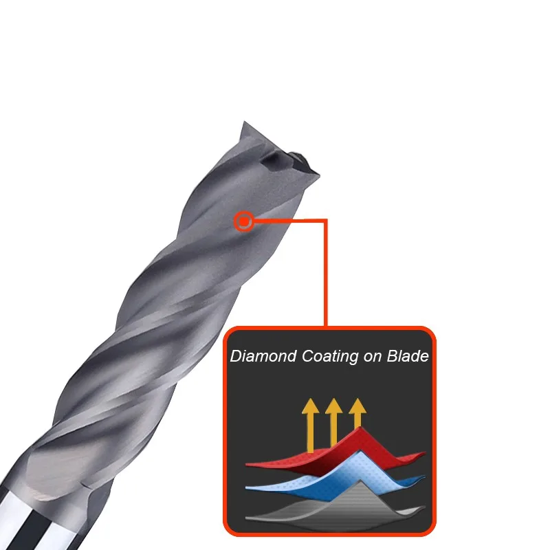 Azzkor cnc verarbeitung diamant beschichtetes Hartmetall verlängerte gerade Schaft fräser mit 2/4 Flöten-Graphit fräser