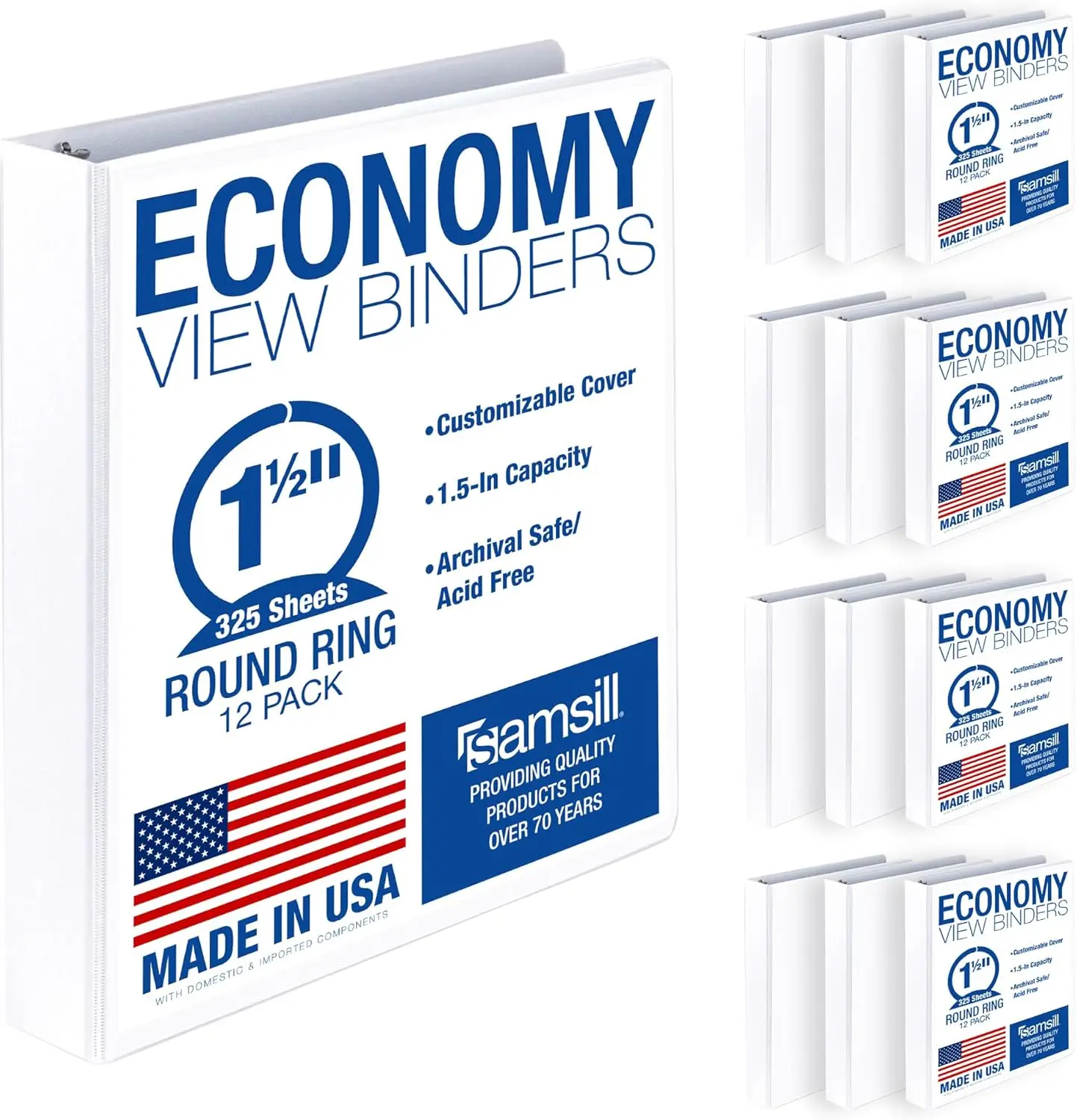 

1.5 Inch 3 Ring Binders, Economy Round Ring, Clear View Cover, 325 Sheet Capacity for School Home Office, White, 12 Pack