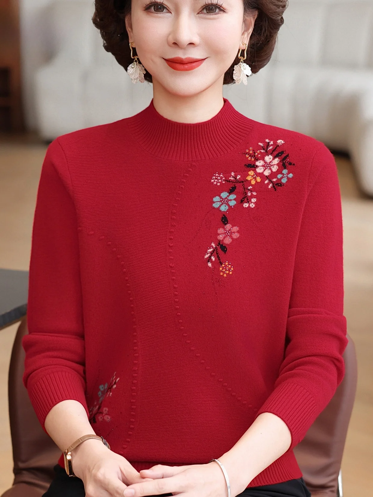 

Трикотаж из чистой шерсти с вышивкой Ele и высоким воротником Mom Sle Base Layer Top для женщин среднего возраста и ly Winter Fas...