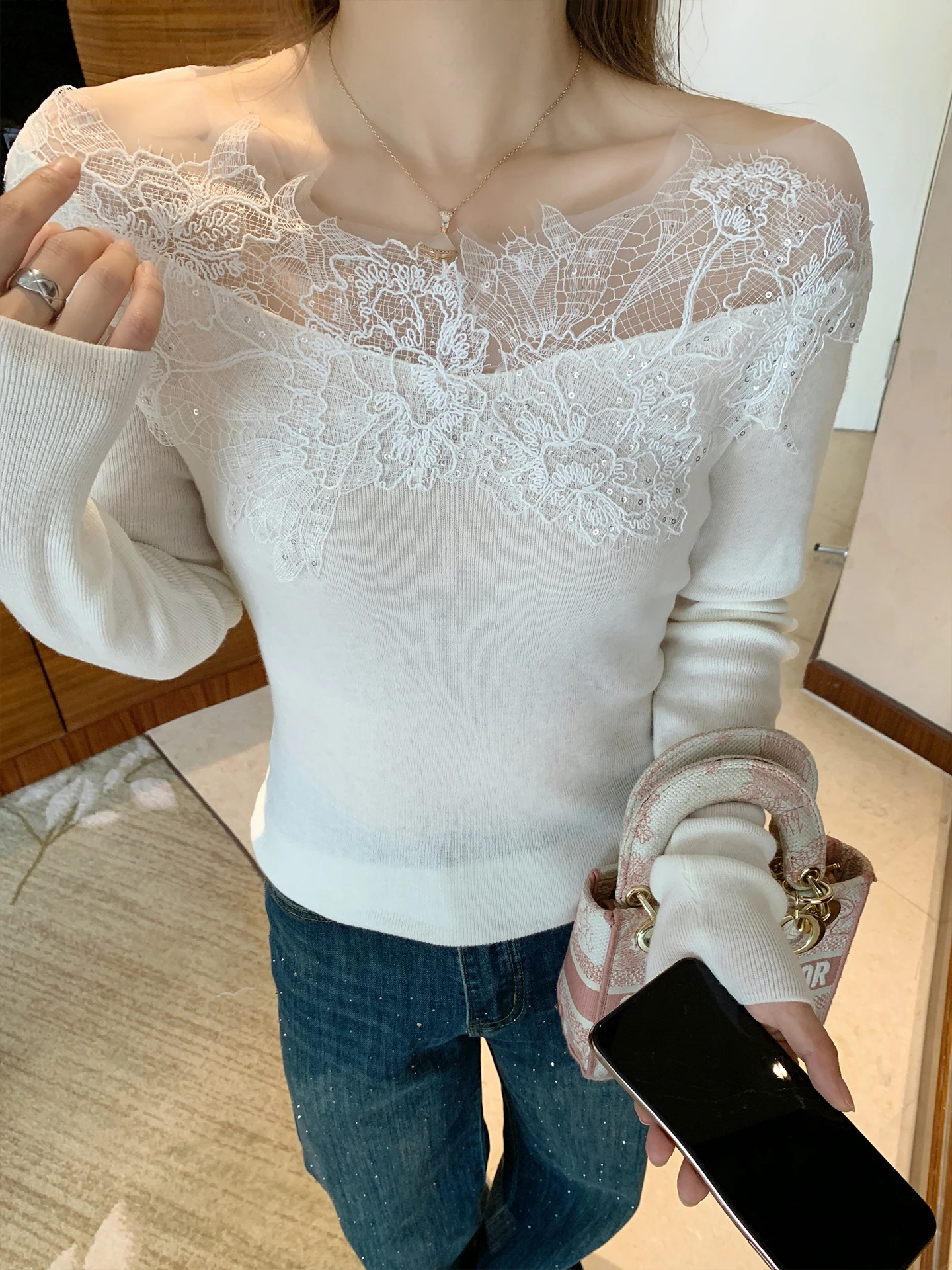 

Benxe Peri Moonlight 00 Новая плотная шерстяная трикотажная кофта с 3D-кружевом на одно плечо, с длинным рукавом, женская