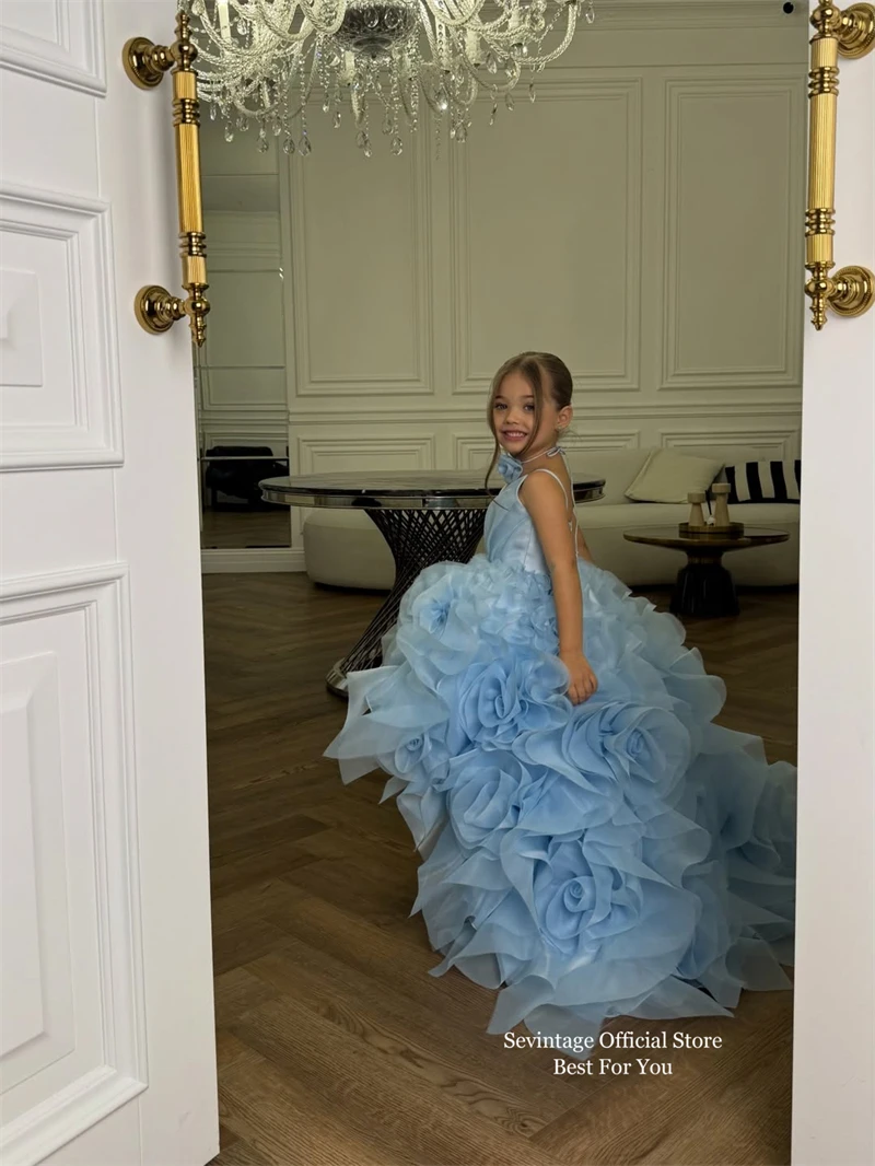 Sevintage Abiti da ragazza con fiori blu carini Abiti da ballo senza maniche con volant carini Abiti da festa di compleanno per bambini per matrimoni personalizzati