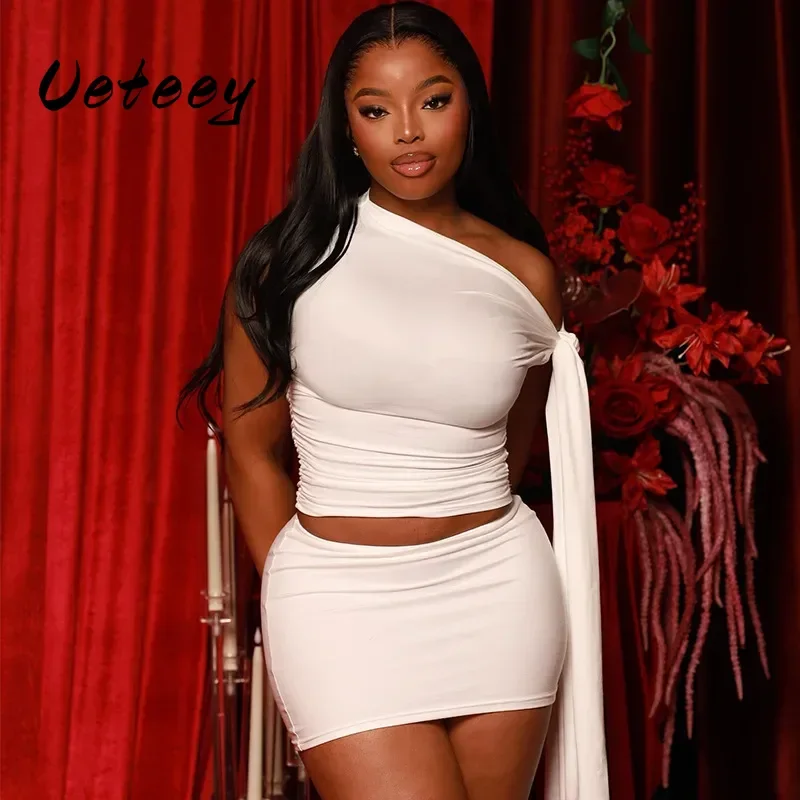 

Ueteey Women Summer 2 Piece Set Lace Up Ribbons Inclined Shoulder Sleeveless Tank Crop Tops + Skinny Mini Skirts Casual Suits
