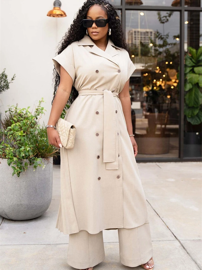 Fashion 2 Piece Sets Women Outfit Summer Clothes Women 2024 Pleated Long Trench Top and Pants Sets OL Style Tracksuit Woman Sets