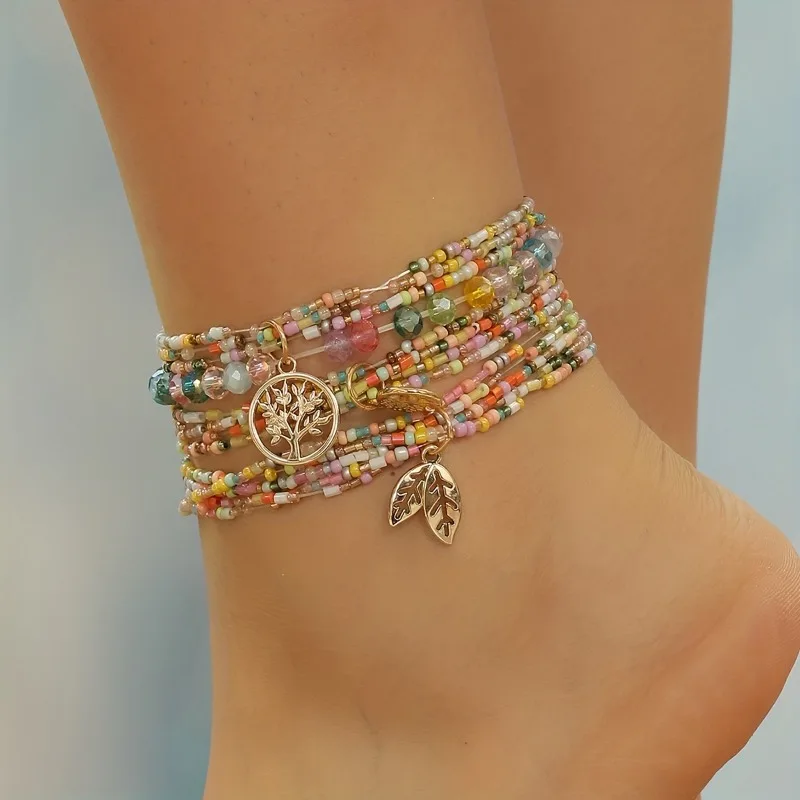 13pcs Boho Beaded Anklet Set with Tree Leaf Charms Adjustable Colorful Beads for Women Perfect for Parties Vacations