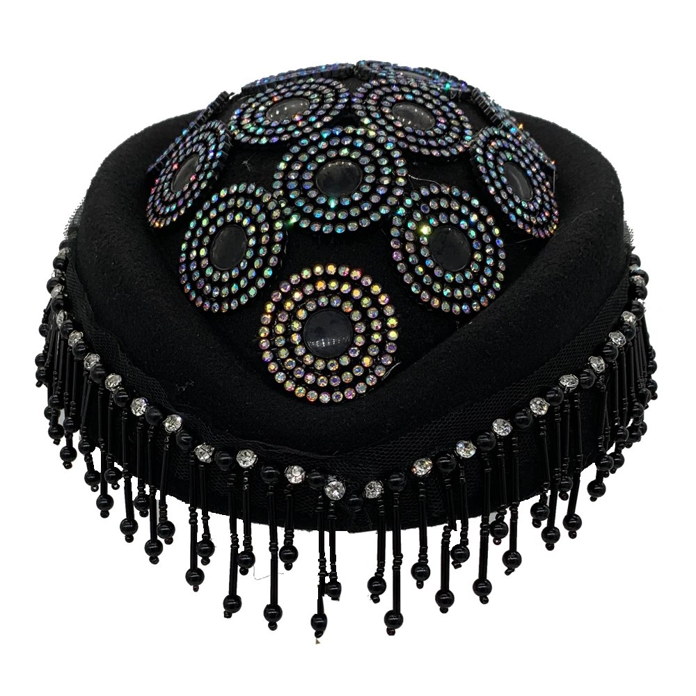 Vintage Felt Turban Hat For Women Church Derby Fascinator With Tassels Lady Beret Caps Airline Stewardess Hat African Headwear 6