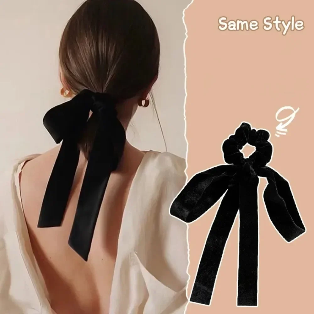Moda Vintage czarna aksamitna kokarda do włosów Scrunchie dla kobiet dziewczynki długa elastyczna opaska do włosów nakrycia głowy kobiece akcesoria do włosów