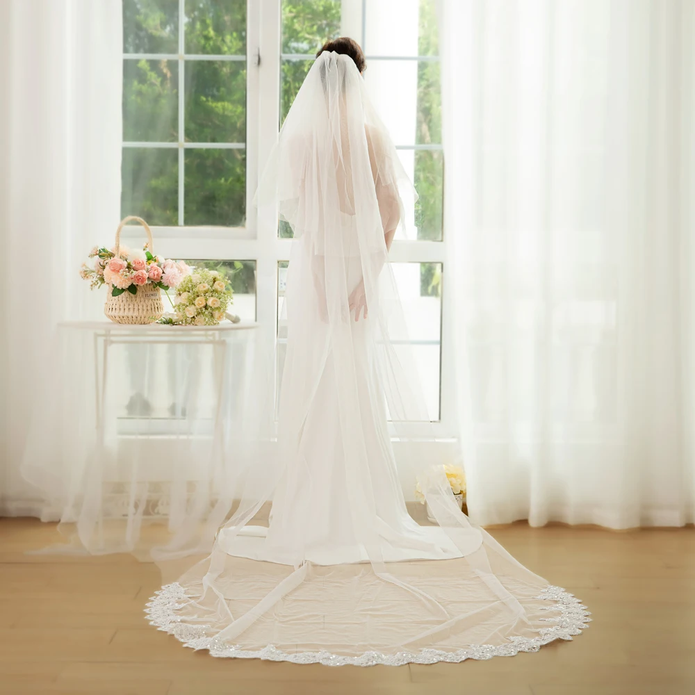 

2,5 м 2-х ярусная мягкая фата из тюля для лица с расческой, кружевная аппликация по краям, свадебная фата, свадебные аксессуары