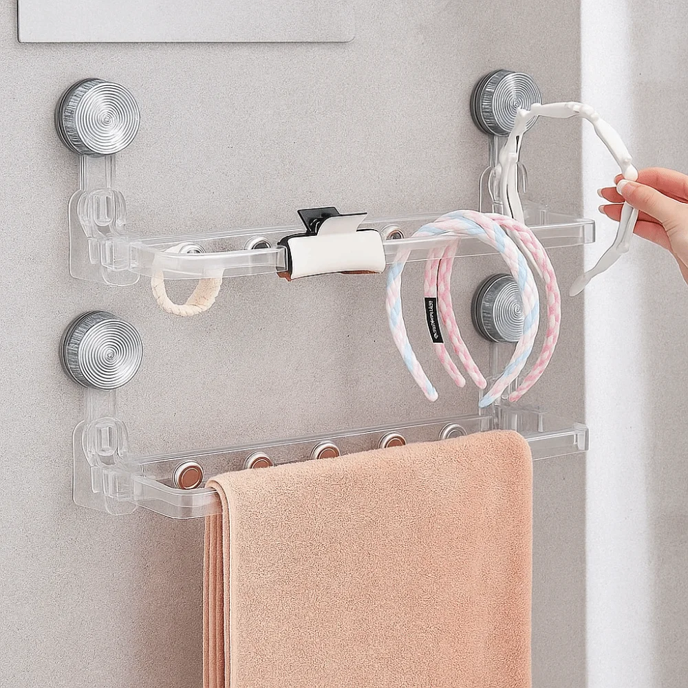 Plastic Suction Cup Storage Rack Wall Mounted Foldable Towel Storage Rack Space Saving Punch Free Faucet Shelf for Home
