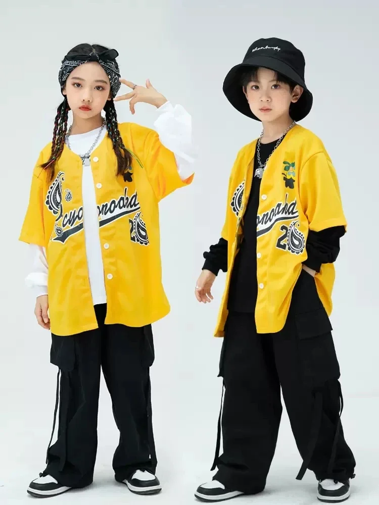 Hip hop streetwear meninas jazz dança traje camisa amarela solta calças de carga kpop outfit meninos dança rua prática wear ys4569