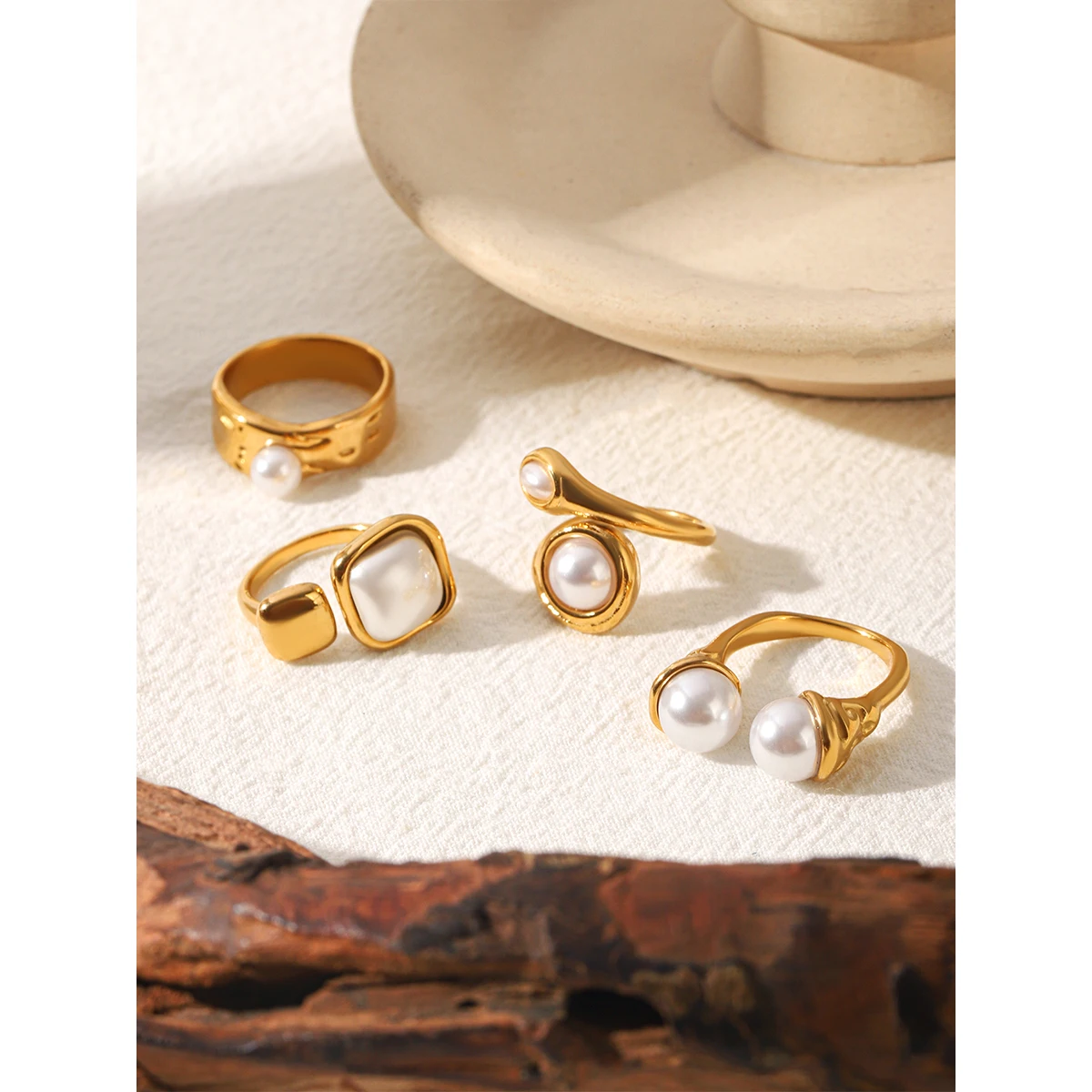 316 Stainless Steel Chic Geometric Cast Ring  Imitation Pearls Korean Trendy Jewelry Charm Accessories Gift New for Women