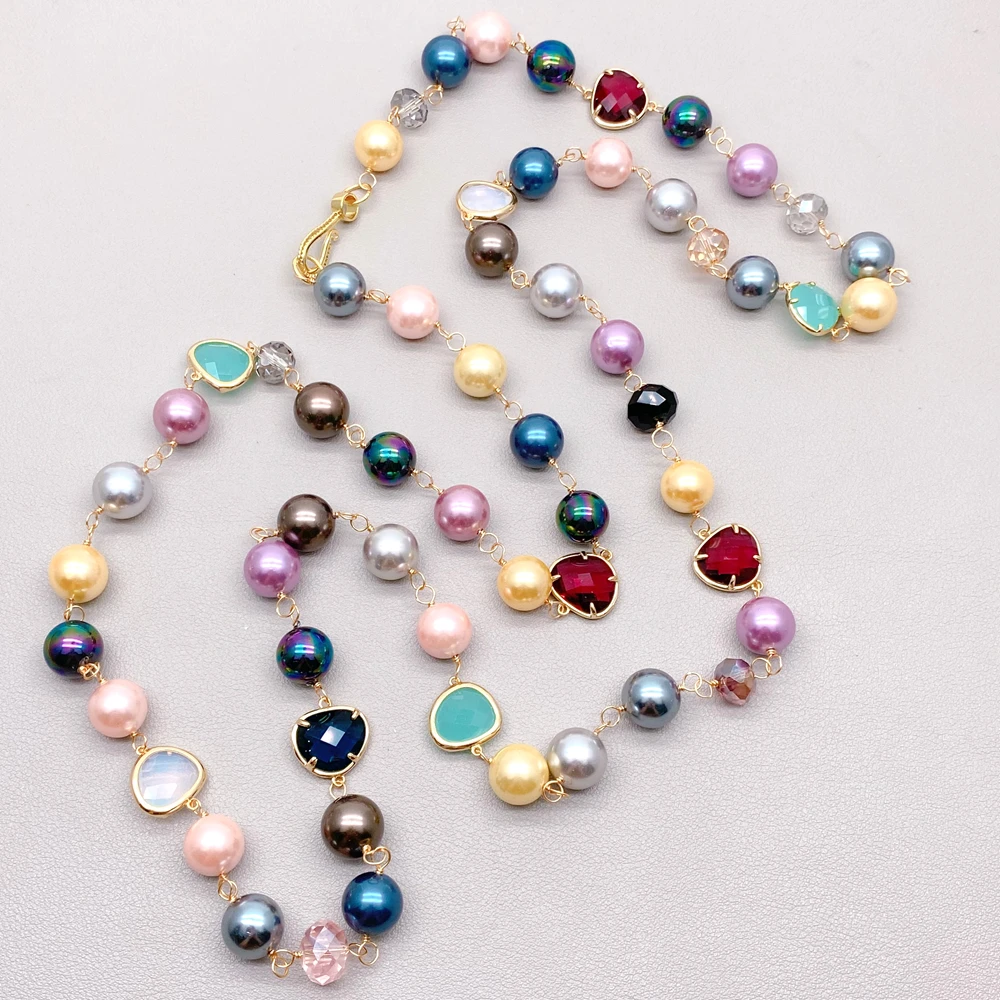 Y·YING Multi Color Round Sea Shell Pearl Crystal Long Necklace Women Bead 46