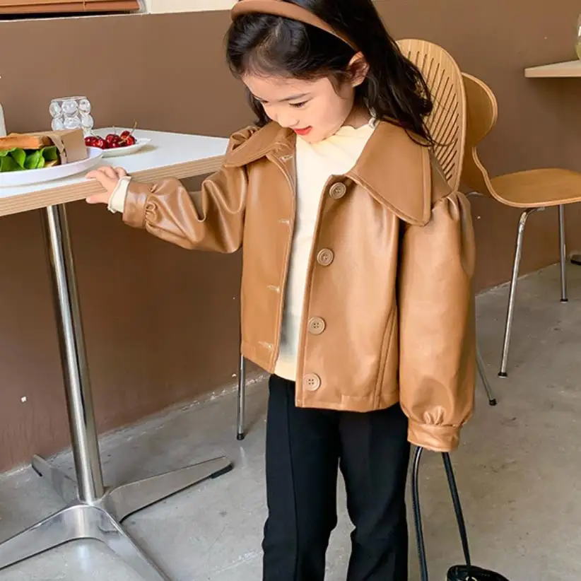 High Quality Baby Girl Leather Jacket Kids Spring Autumn New Leather Coat Children Good Quality Jacket Wz828