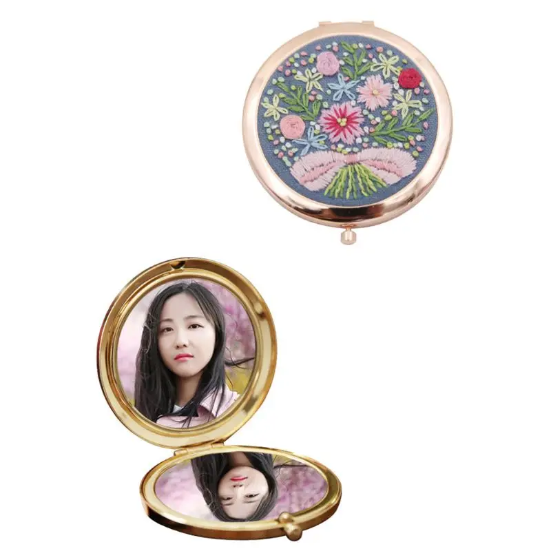 TSHOU812 Embroidery Kit Compact Pocket Floral Makeup Mirror Double-side Folding Women Vintage Cosmetic Mirrors Handmade  U2JD