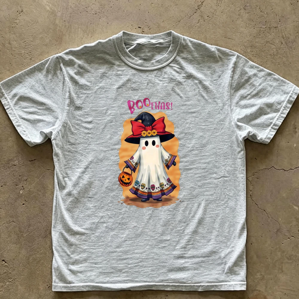 Cute Boo‑Oonas Witch Ghost T‑Shirt Big Red Bow Witch Hat Colorful Traditional Dress Trick‑or‑Treat Pumpkin Bucket Cotton Tees