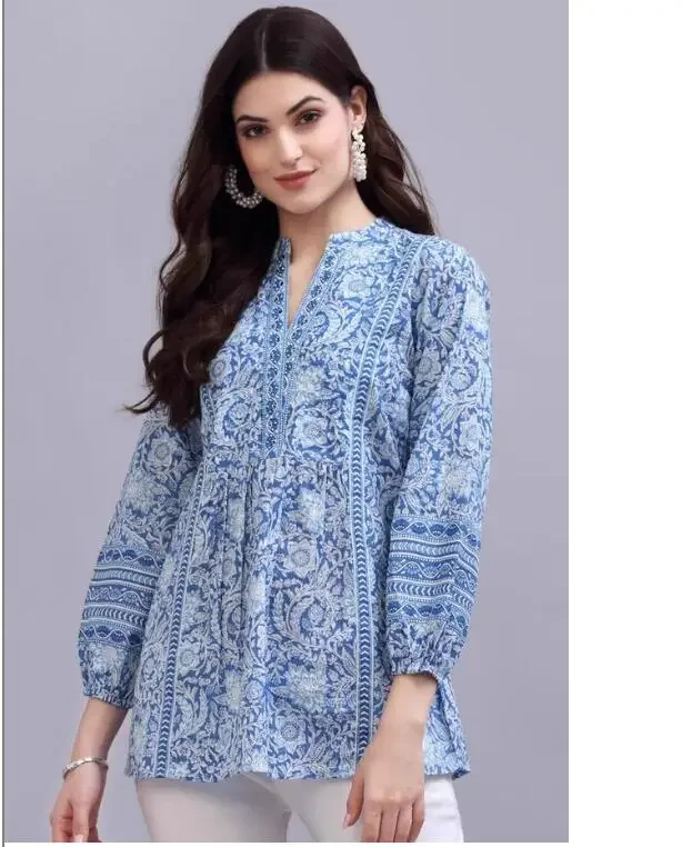 

Индийская традиционная женская одежда, топ из чистого хлопка с v-образным вырезом и принтом в этническом стиле