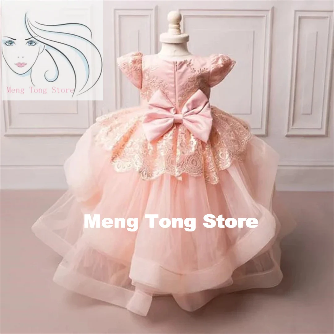 Wedding Birthday White Appliques With Trailing And Bow Pink Tulle Flower Girl Dresses For Party Holy Communion Gowns