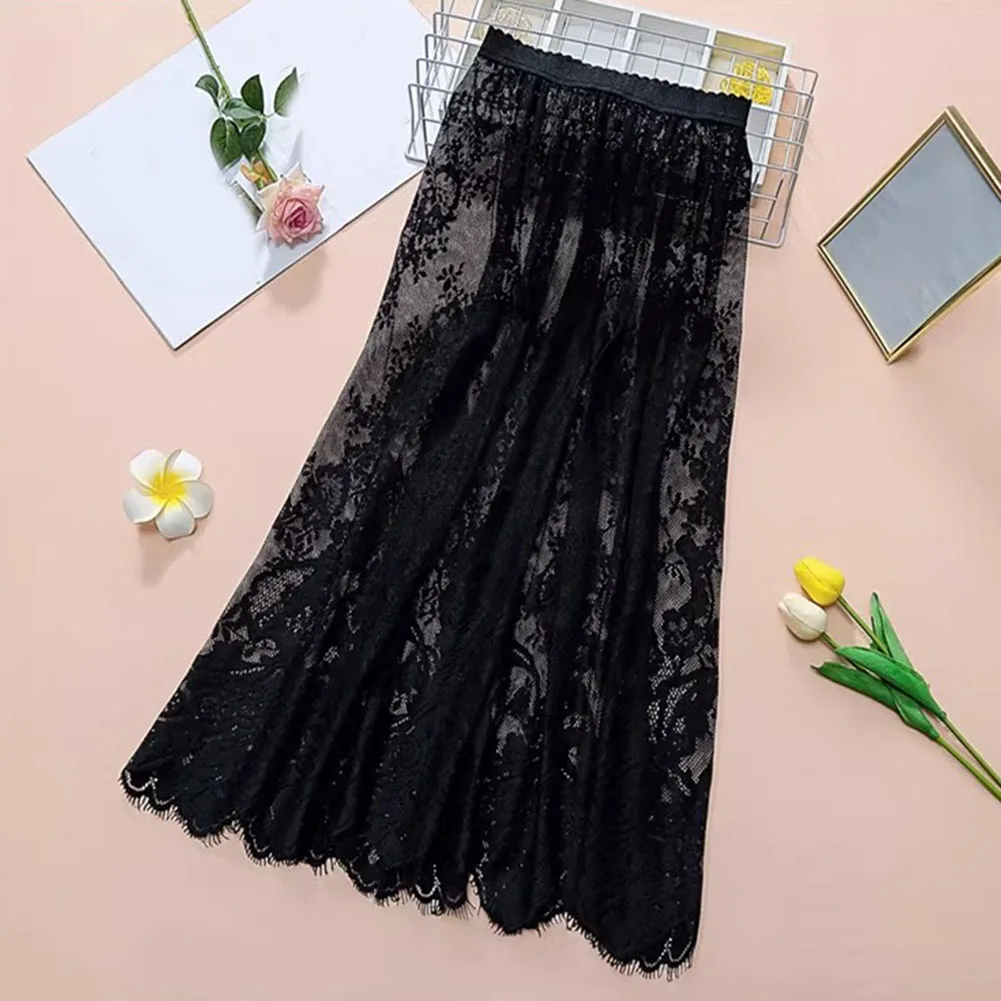 Solid Color High Waisted Lace Long Skirt for Ladies Casual Fashion Style Suitable for Spring Summer Autumn Winter