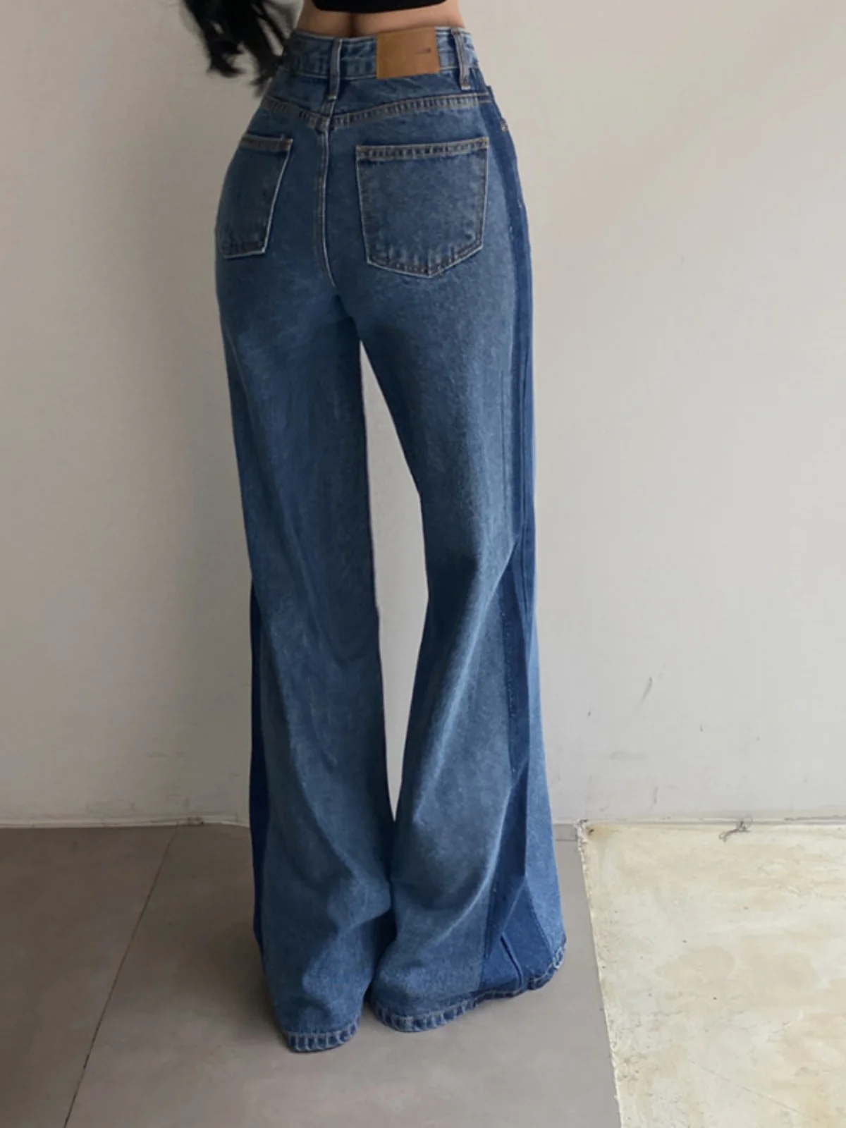 Retro Waed Vita alta Colore laterale Blo Jeans lunghi micro svasati dritti larghi Pantaloni in denim ricamati da donna Blu alla moda