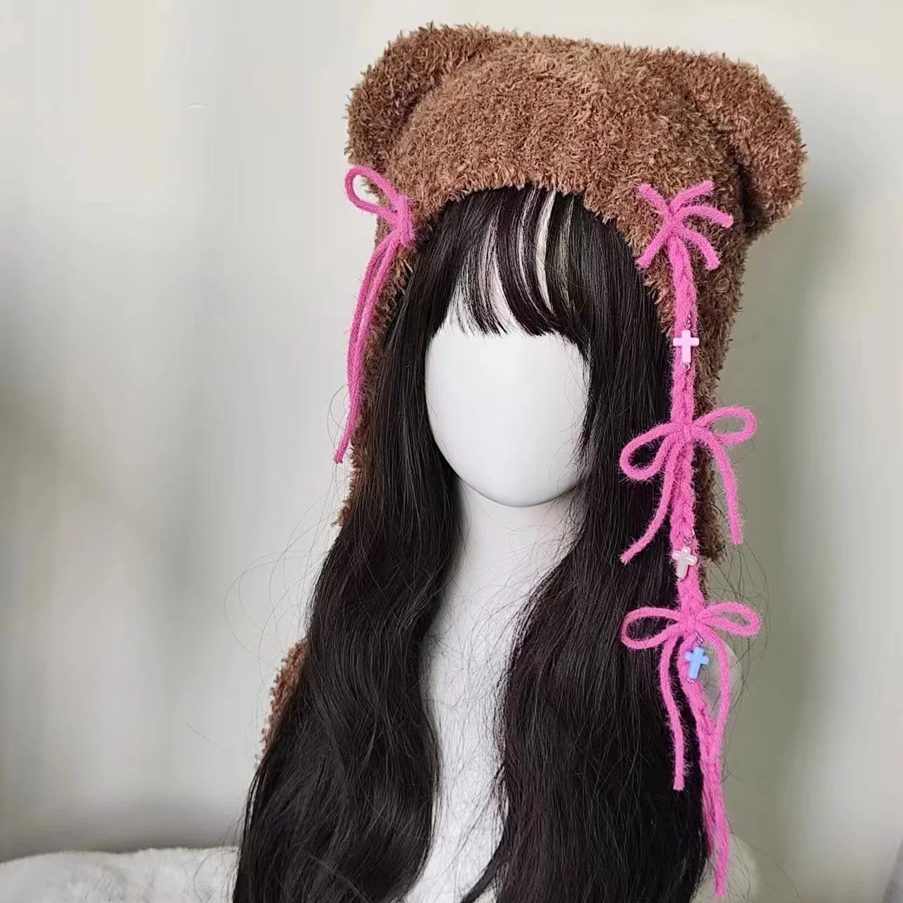 하라주쿠 일본 카와이 곰 귀 니트 모자 여성 소녀 Y2k 펑크 크로스 핑크 리본 서브컬쳐 달콤한 겨울 따뜻한 비니 모자