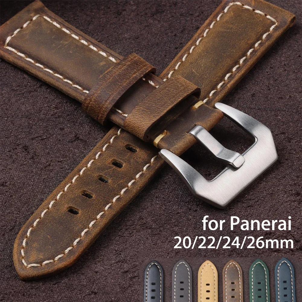 Leather Watch Band 20mm 22mm 24mm 26mm Retro Cowhide Strap for Panerai Universal Wristband Waterproof Soft Bracelet Men Women