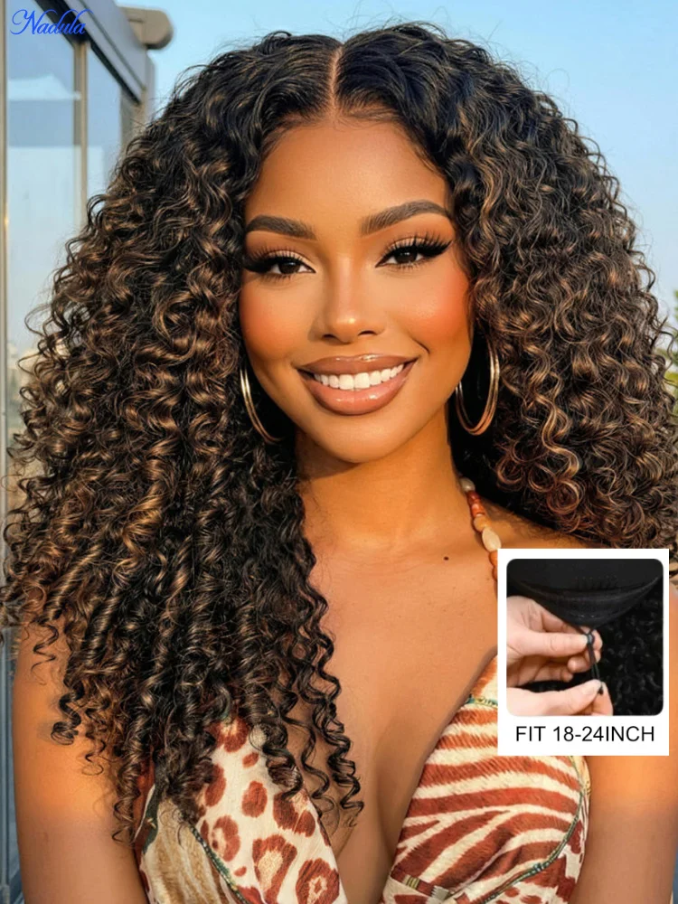 

Nadula Bye Bye Slip Burmese Curly Glueless Wig 100% Human Hair Chestnut Brown Color with Finger Coils Suitable for All Head Size
