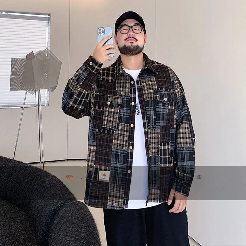 

Loose Casual Plaid Patchwork Long Sve irt Men's plus Size Autumn Winter Vintage Sle Hong Kong Sle Jaet Trendy