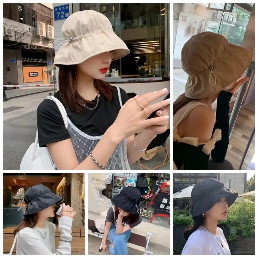 

Wide Brim Summer Bucket Hat Drawstring Sunscreen Women Fishermen Caps Breathable Quick Dry Drawstring Bucket Hat Summer